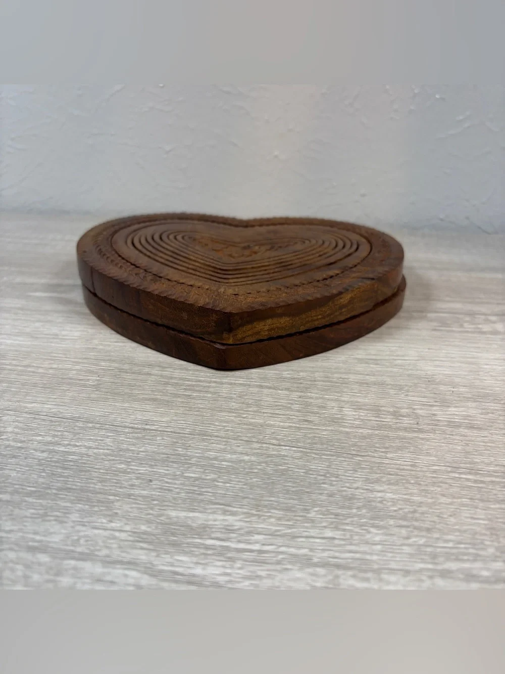 Vintage Hand Carved Heart Shaped Collapsible Wooden Fruit Basket Folding Trivet